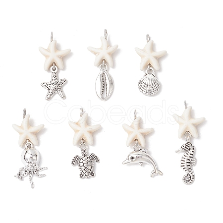 7Pcs 7 Styles Natural Howlite Starfish & Alloy Sea Animals Pendants PALLOY-JF03752-02-1