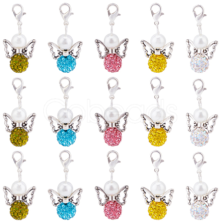 6 Sets Angel Polymer Clay & Glass Rhinestone Bead Pendant Locking Stitch Markers HJEW-SC0001-72-1