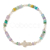 Brass Micro Pave Clear Cubic Zirconia Cross & Natural Pearl & White Jade Rondelle Beads Stretch Bracelets for Women BJEW-JB13114-4