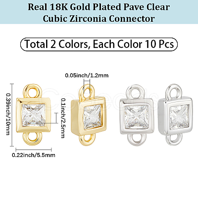 20Pcs 2 Colors Brass Pave Clear Cubic Zirconia Connector Charms KK-BBC0023-70-1