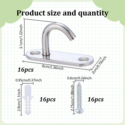 16Pcs Stainless Steel Hooks STAS-GO0001-37-1