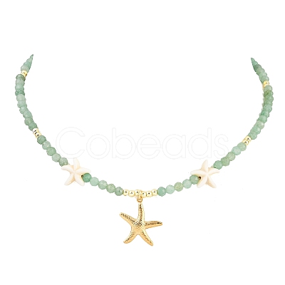 Synthetic Turquoise & Natural Green Aventurine Faceted Round Beaded Starfish 304 Stainless Steel Pendant Necklaces for Women NJEW-JN05458-03-1