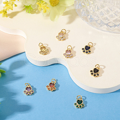 8Pcs 8 Colors Brass Pave Cubic Zirconia Paw Print Charms KK-TA0003-21-1