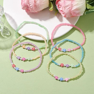 6Pcs 6 Colors Flower Acrylic Stretch Bracelets BJEW-JB10235-01-1
