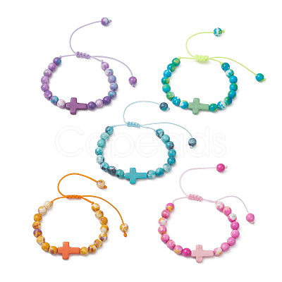 Dyed Natural Ocean White Jade & Synthetic Ocean White Jade & Dyed Turquoise Round Beads Braided Bead Bracelets for Women BJEW-JB13118-1