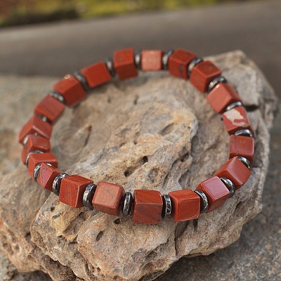 Cube Natural Red Jasper & Synthetic Non-magnetic Hematite Beads Stretch Bracelets for Women Men PF6426-18-1