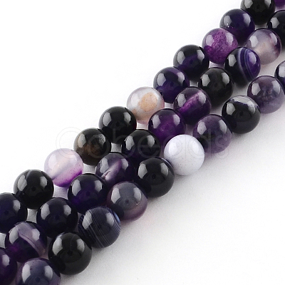 Dyed Natural Striped Agate/Banded Agate Round Bead Strands G-R342-10mm-03-1