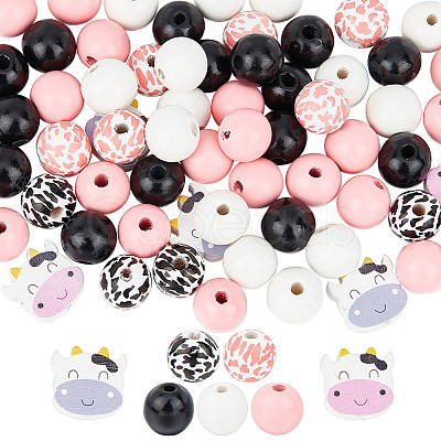 GOMAKERER 120Pcs 7 Styles Cow Theme Painted Natural Wood Beads WOOD-GO0001-08-1