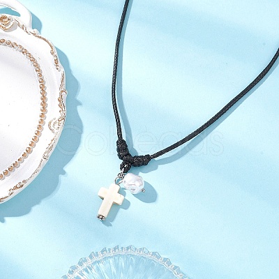 2Pcs 2 Colors Adjustable Dyed Synthetic Turquoise with Round Plastic Imitation Pearl Cross Pendant Black Waxed Polyester Cord Necklaces for Women NJEW-JN05384-1