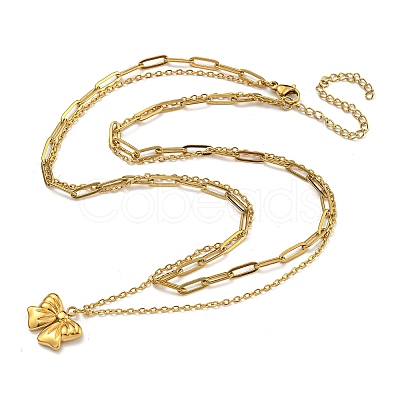304 Stainless Steel Bowknot Pendant Necklaces NJEW-L182-001G-07-1