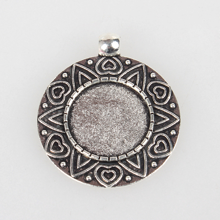 Vintage Tibetan Style Alloy Carved Heart Pendant Cabochon Bezel Settings X-TIBEP-O006-57AS-1