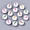 Opaque White Acrylic Beads, Flat Round with Mixed Color Letter, Letter.T, 7x3.5mm, Hole: 1.2mm, about 4000pcs/500g