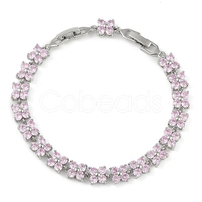 Noble Gift Ideas for Lady Platinum Tone Brass Micro Pave Cubic Zirconia CZ Flower Link Chain Bracelets BJEW-L472-03-1-1