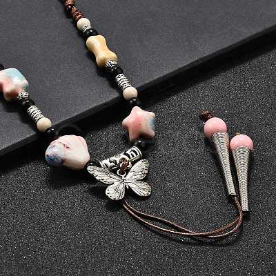 Ethnic Style Alloy & Porcelain Ceramic Beads Butterfly Pendant Tassel Y Necklaces NJEW-D308-01C-1