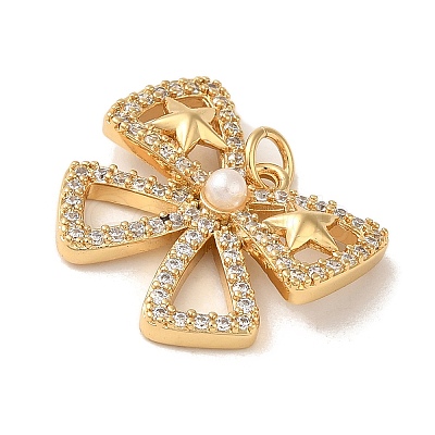 Rack Plating Brass Micro Pave Clear Cubic Zirconia and Plastic Pearl Pendants KK-S366-09G-1