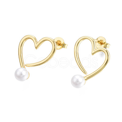 Brass Open Heart Stud Earrings with ABS Plastic Pearl for Women EJEW-N011-54LG-1