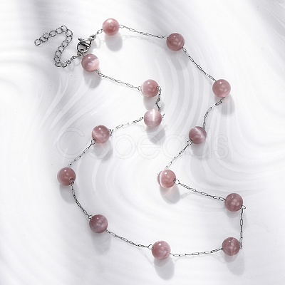 304 Stainless Steel Cat Eye Round Beads Handmade Chain Necklaces for Women NJEW-C073-01P-01-1