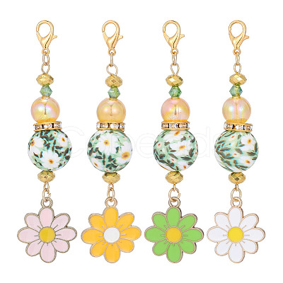 4Pcs Flower Glass Seed & Alloy & Enamel Pendant Decorations HJEW-DR00311-1