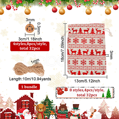 32Pcs 8 Styles Christmas Rectangle Printed Cotton & Linen Candy Gift Drawstring Bags ABAG-BC0001-48-1