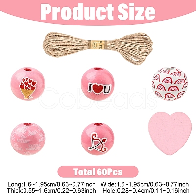Valentine's Day 60Pcs Element Printed Wood Beads WOOD-YW0001-91-1