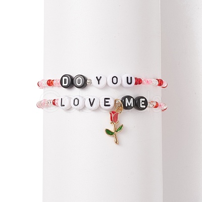 2Pcs 2 Style Word Do You Love Me Plastic Beaded Stretch Bracelets Set with Alloy Enamel Rose Charms BJEW-JB08700-1