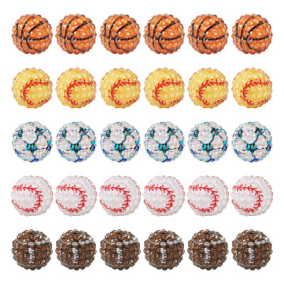30Pcs 5 Style Basketball & Football & Baseball Pattern Resin Rhinestone Beads RESI-TA0001-77-1