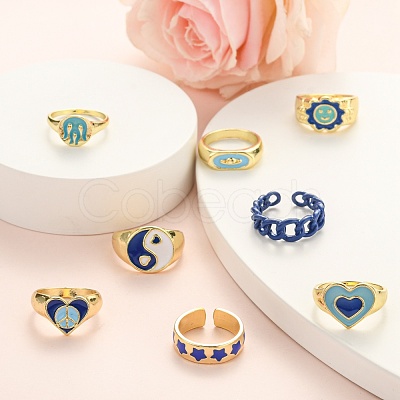 9Pcs 9 Style Alloy Enamel Signet Finger Rings and Cuff Rings Set RJEW-LS0001-58-1