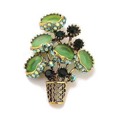 Plant Alloy Rhinestone Lapel Pins for Backpack Clothes JEWB-C052-03AG-01-1