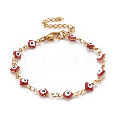 Enamel Rhombus with Evil Eye Link Chains Bracelet BJEW-P271-03G-1