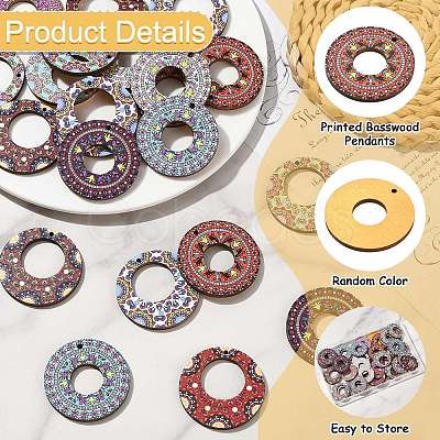 45Pcs 9 Colors Printed Basswood Pendants WOOD-CJ0002-52-1