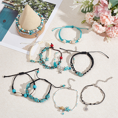 ANATTASOUL 10Pcs 10 Style Synthetic Turquoise & Natural Shell & Seed Braided Bead Bracelet & Anklet AJEW-AN0007-10-1