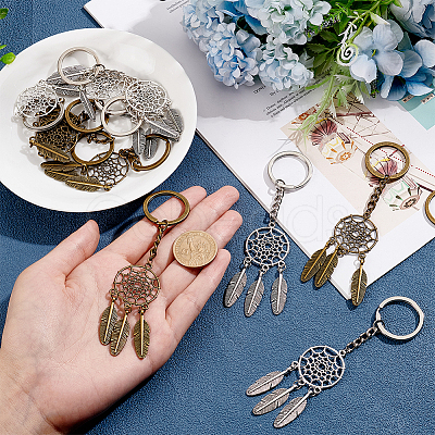 12Pcs 2 Colors Woven Net/Web with Feather Pendant Alloy Keychain KEYC-NB0001-58-1