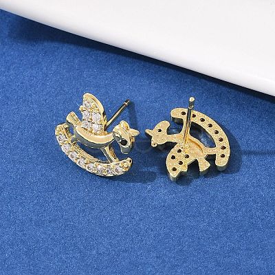Brass Micro Pave Clear Cubic Zirconia Hobbyhorse Stud Earrings EJEW-F400-06G-1