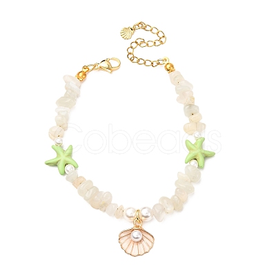 3Pcs Natural Moonstone & Rose Quartz & Synthetic Turquoise Chips & Shell Pearl Beads Bracelets Sets BJEW-JB12413-1