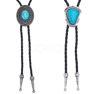 2Pcs 2 Styles Alloy & Synthetic Turquoise Oval Triangle Pendant Boho Tie Lariat Necklaces NJEW-GF0001-18-1