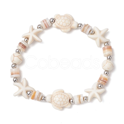 Starfish & Turtle Natural Freshwater Shell Beads Stretch Bracelets for Women BJEW-JB11922-02-1