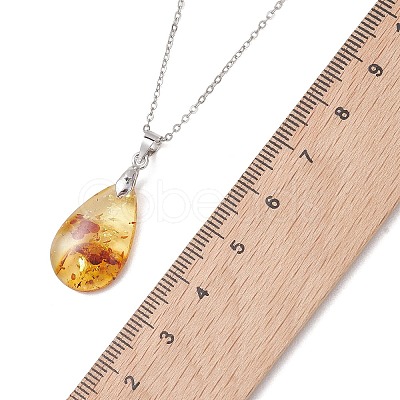 Natural Amber Teardrop Pendant 304 Stainless Steel Cable Chain Necklaces NJEW-JN05983-02-1