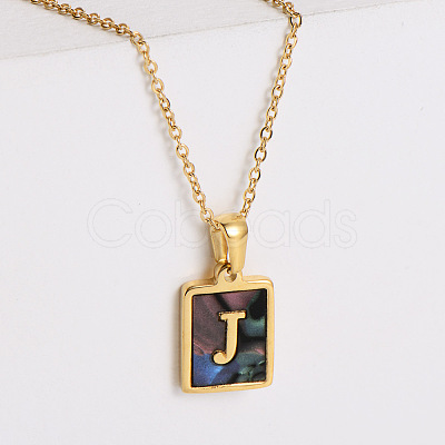 304 Stainless Steel Pave Natural Paua Shell Rectangle Initial Pendant Necklaces for Women FS-WG38E89-10-1