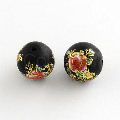 Flower Picture Frosted Glass Round Beads GFB-R004-14mm-V19-1