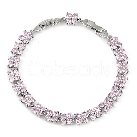 Noble Gift Ideas for Lady Platinum Tone Brass Micro Pave Cubic Zirconia CZ Flower Link Chain Bracelets BJEW-L472-03-1-1