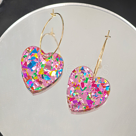 Glitter Heart Acrylic & Iron Alloy Hoop Earrings for Women FS-WG2AED5-02-1