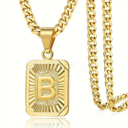 Rectangle with Letter Pattern 304 Stainless Steel Pendant Necklaces FS-WGFC766-10-1
