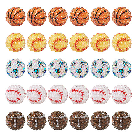 30Pcs 5 Style Basketball & Football & Baseball Pattern Resin Rhinestone Beads RESI-TA0001-77-1