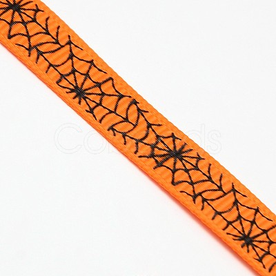 Halloween Ornaments Spider Web Pattern Printed Grosgrain Ribbons SRIB-L005-9mm-03-1