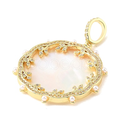 Brass Micro Pave Clear Cubic Zirconia & Natural White Shell Pendants CU-CBA6938-09G-01-1