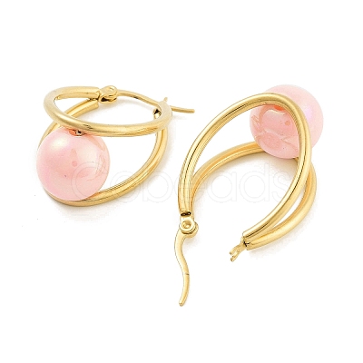Ion Plating(IP) 304 Stainless Steel & Plastic Imitation Pearl Oval with Ball Hoop Earrings for Women EJEW-C096-13G-06-1