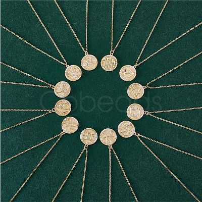 925 Sterling Silver 12 Constellation Necklace Gold Horoscope Zodiac Sign Necklace Round Astrology Pendant Necklace with Zircons Birthday Jewelry Gift for Women Men JN1089C-1