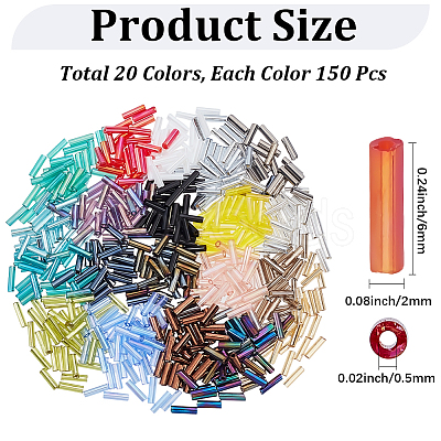 3000Pcs 20 Colors Glass Bugle Beads SEED-PA0001-02-1