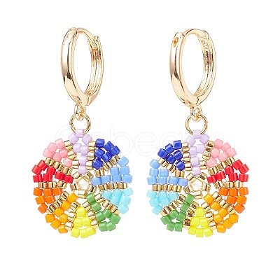 Rainbow Color Japanese Seed Braided Flower Dangle Hoop Earrings EJEW-MZ00003-1