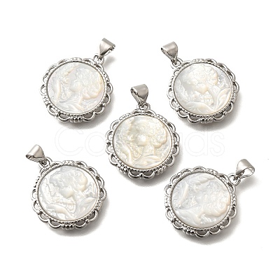 Brass with Natural Shell Carved Pendants KK-Z091-05P-01-1